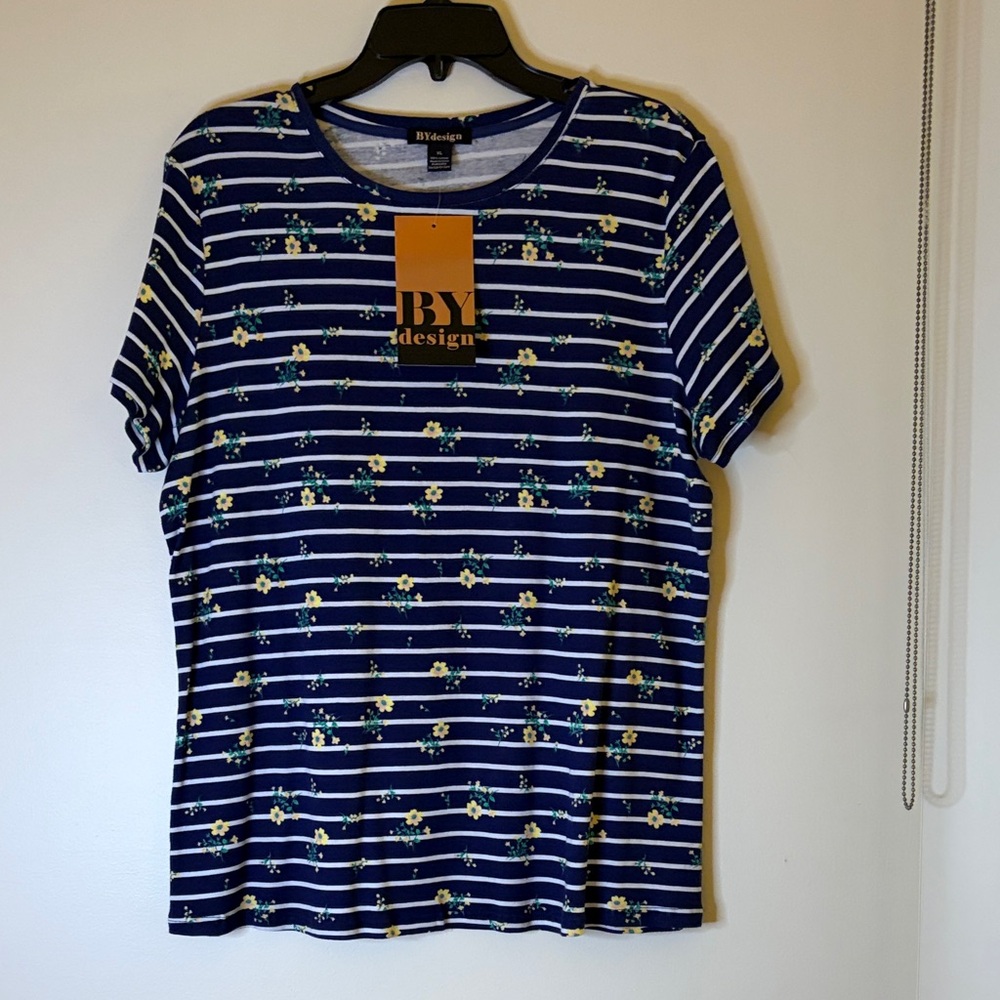 BYdesign Navy Striped Floral Short Sleeve Tank Top